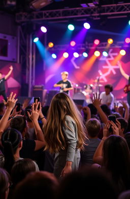 A young boy confidently performing on a stage with a full band behind him, engaging the crowd in a lively atmosphere
