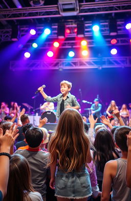 A young boy confidently performing on a stage with a full band behind him, engaging the crowd in a lively atmosphere
