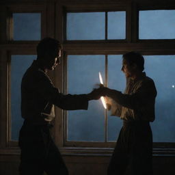 The scene escalates further - the man now engaged in an intense knife duel with another man, illuminated only by the eerie moonlight filtering through a window, reflecting off the glinting, whirling blades