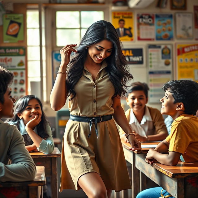 A sensual depiction of an Indian female teacher in a vibrant classroom setting, surrounded by colorful educational posters and a rustic wooden desk