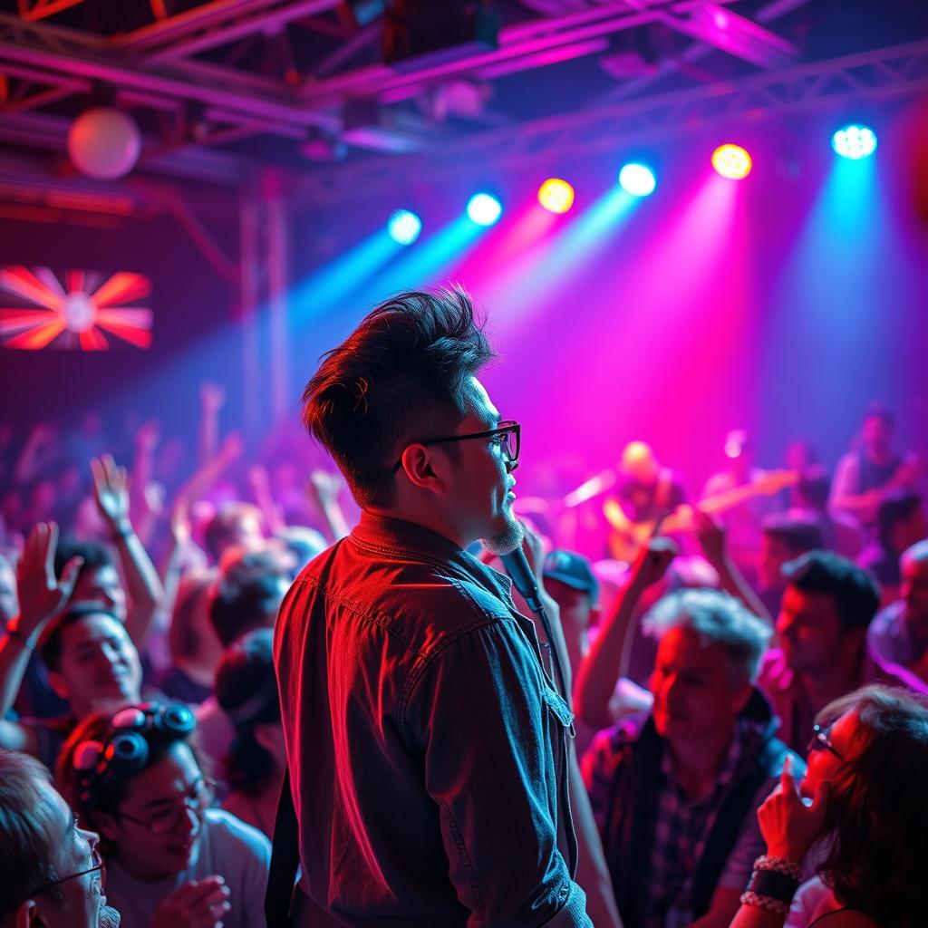 A handsome man with stylish hair and a charismatic presence performing on a brightly lit stage, with a full band playing energetically behind him