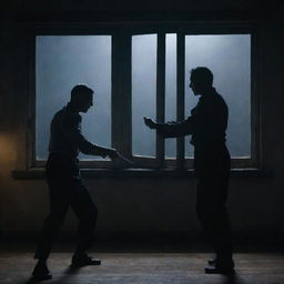 The scene escalates further - the man now engaged in an intense knife duel with another man, illuminated only by the eerie moonlight filtering through a window, reflecting off the glinting, whirling blades