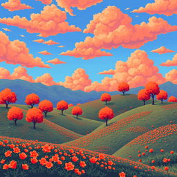 An exceptionally beautiful and unusual landscape rendered in a pixel art style, predominantly showcasing vibrant orange colors throughout the scene