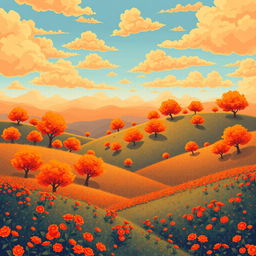 An exceptionally beautiful and unusual landscape rendered in a pixel art style, predominantly showcasing vibrant orange colors throughout the scene