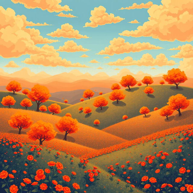 An exceptionally beautiful and unusual landscape rendered in a pixel art style, predominantly showcasing vibrant orange colors throughout the scene