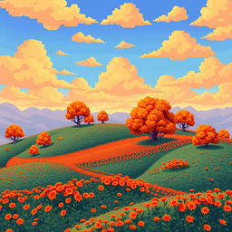 An exceptionally beautiful and unusual landscape rendered in a pixel art style, predominantly showcasing vibrant orange colors throughout the scene