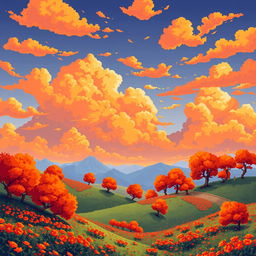 An exceptionally beautiful and unusual landscape rendered in a pixel art style, predominantly showcasing vibrant orange colors throughout the scene