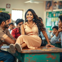 A sensual portrayal of an Indian female teacher in a vibrant school environment, lying on a rustic desk in an engaging and flirtatious moment
