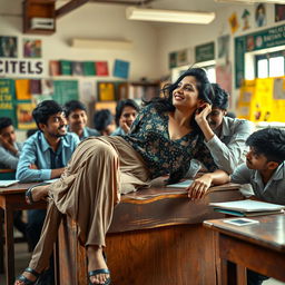 A sensual portrayal of an Indian female teacher in a vibrant school environment, lying on a rustic desk in an engaging and flirtatious moment