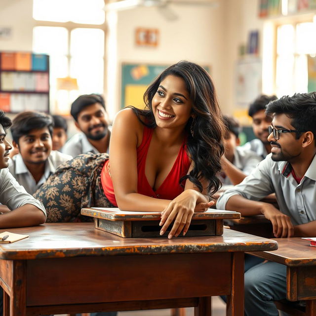 A sensual portrayal of an Indian female teacher in a vibrant school environment, lying on a rustic desk in an engaging and flirtatious moment