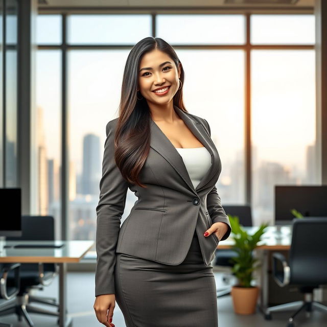 A beautiful Asian woman with a curvy figure and large breasts, elegantly dressed as a successful assistant in a modern office environment