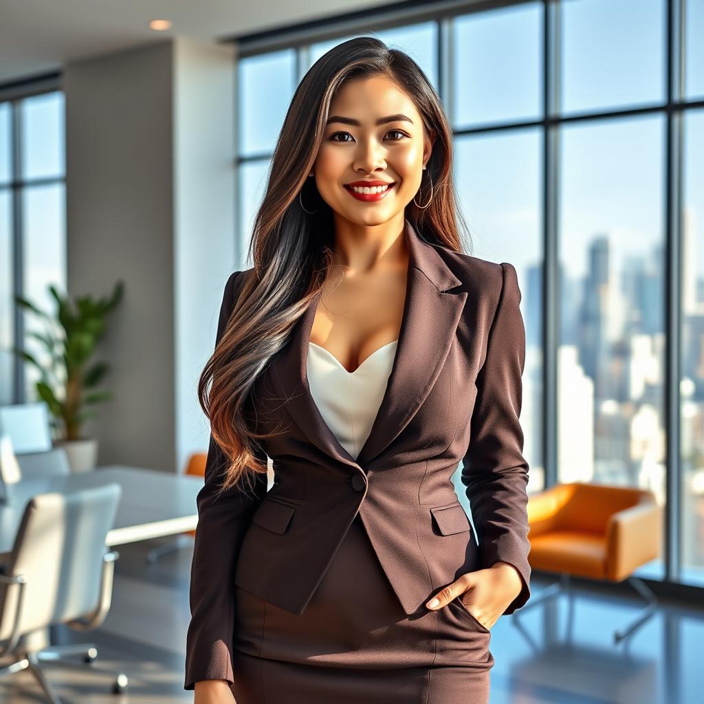 A beautiful Asian woman with a curvy figure and large breasts, elegantly dressed as a successful assistant in a modern office environment