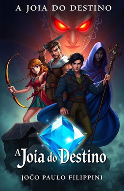 A captivating book cover for an adventure and animation story titled 'A Joia do Destino'