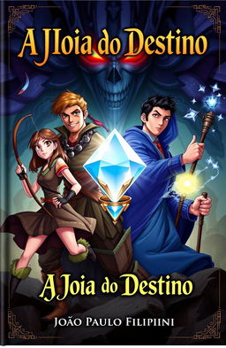 A captivating book cover for an adventure and animation story titled 'A Joia do Destino'