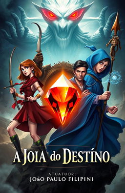 A captivating book cover for an adventure and animation story titled 'A Joia do Destino'