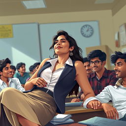 A sensual portrayal of Nushrath Bharucha as a confident college professor in a vibrant Indian college setting