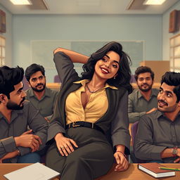 A sensual portrayal of Nushrath Bharucha as a confident college professor in a vibrant Indian college setting