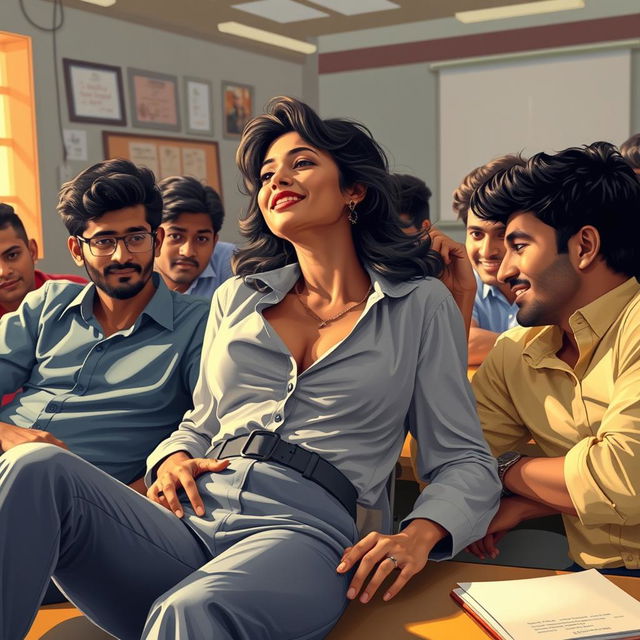 A sensual portrayal of Nushrath Bharucha as a confident college professor in a vibrant Indian college setting