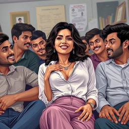 A sensual portrayal of Nushrath Bharucha as a confident college professor in a vibrant Indian college setting