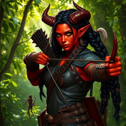 A female tiefling ranger with striking red skin and unique horns that split into two impressive points