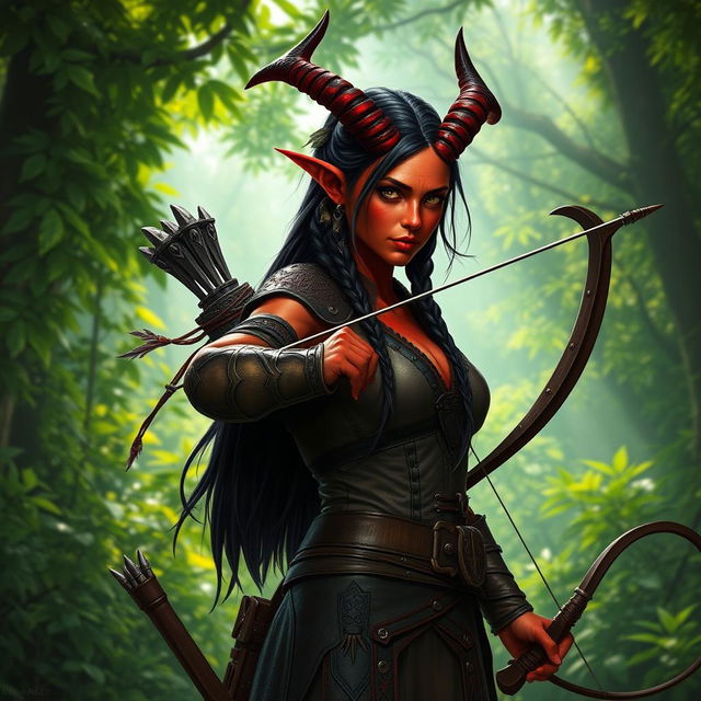 A female tiefling ranger with striking red skin and unique horns that split into two impressive points