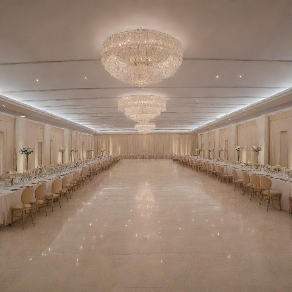 A modern, expansive 100ft x 200ft wedding hall with composite board design, drawing inspiration from Roman temples but made with contemporary materials