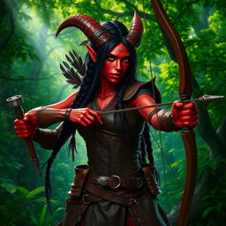 A female tiefling ranger with striking red skin and unique horns that split into two impressive points