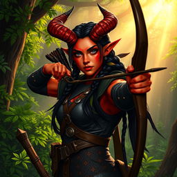 A female tiefling ranger with striking red skin and unique horns that split into two impressive points
