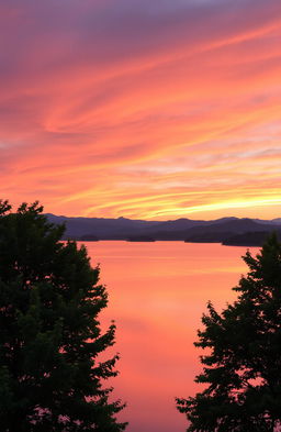 A serene landscape depicting a tranquil sunset over a calm lake, reflecting the vibrant colors of the sky – deep orange, soft pinks, and hints of purple