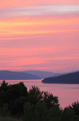 A serene landscape depicting a tranquil sunset over a calm lake, reflecting the vibrant colors of the sky – deep orange, soft pinks, and hints of purple