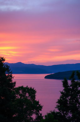 A serene landscape depicting a tranquil sunset over a calm lake, reflecting the vibrant colors of the sky – deep orange, soft pinks, and hints of purple