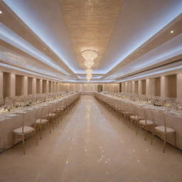 A modern, expansive 100ft x 200ft wedding hall with composite board design, drawing inspiration from Roman temples but made with contemporary materials