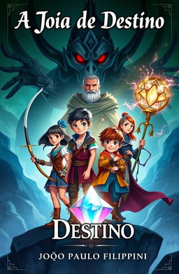 A captivating book cover for an adventure and animation themed story titled 'A Joia do Destino'
