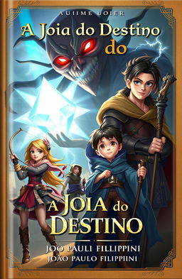 A captivating book cover for an adventure and animation themed story titled 'A Joia do Destino'