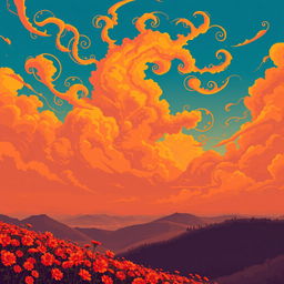 An exceptionally beautiful and unusual landscape portrayed in a pixel art style, featuring rich and vibrant orange colors throughout