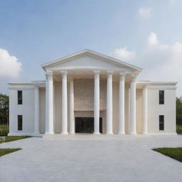 The exterior design of a modern 100ft x 200ft wedding hall with composite board design, reminiscent of a Roman temple yet constructed with modernized materials