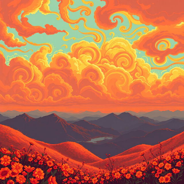 An exceptionally beautiful and unusual landscape portrayed in a pixel art style, featuring rich and vibrant orange colors throughout