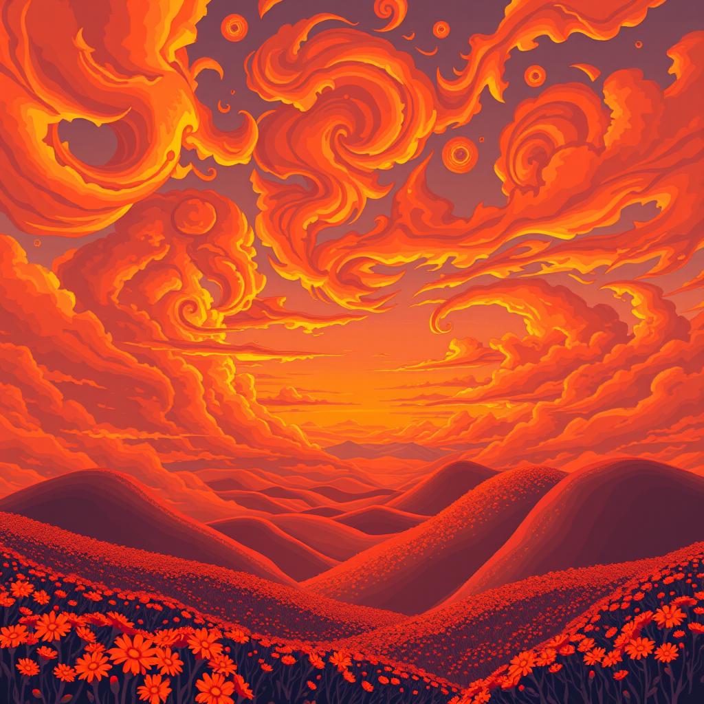 An exceptionally beautiful and unusual landscape portrayed in a pixel art style, featuring rich and vibrant orange colors throughout