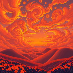 An exceptionally beautiful and unusual landscape portrayed in a pixel art style, featuring rich and vibrant orange colors throughout