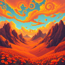 An exceptionally beautiful and unusual landscape portrayed in a pixel art style, featuring rich and vibrant orange colors throughout