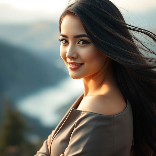 A beautiful Central Asian woman with a blend of Russian features, showcasing her attractive appearance