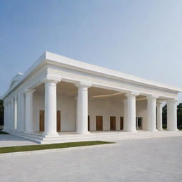 The exterior design of a modern 100ft x 200ft wedding hall with composite board design, reminiscent of a Roman temple yet constructed with modernized materials