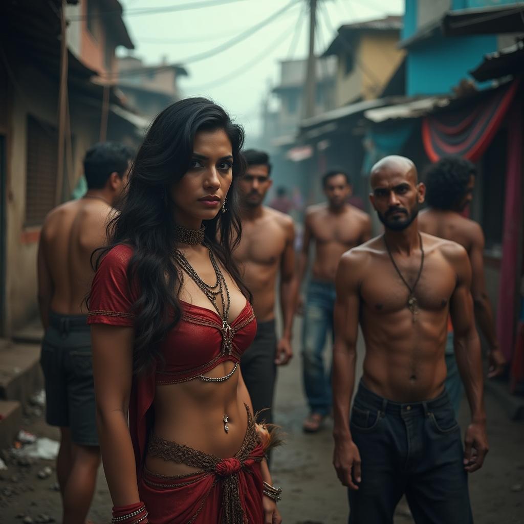 A dramatic and evocative scene featuring Nushrath Bharucha in a gritty urban setting, portraying the struggles and complexities of life in a slum