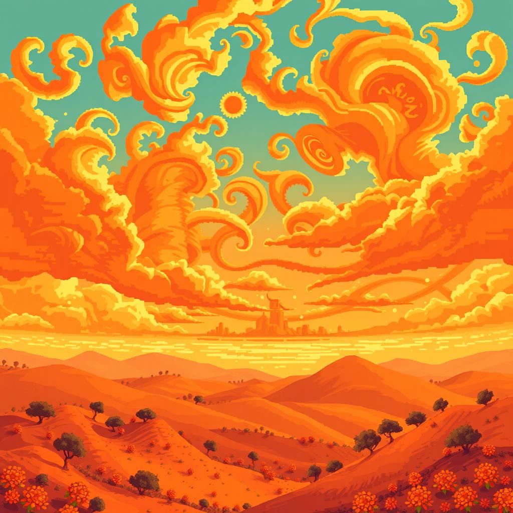 An exceptionally beautiful and unusual landscape in a pixel art style, featuring an intricate and detailed sky that is rich in vibrant orange colors