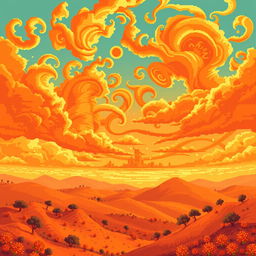 An exceptionally beautiful and unusual landscape in a pixel art style, featuring an intricate and detailed sky that is rich in vibrant orange colors