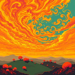 An exceptionally beautiful and unusual landscape in a pixel art style, featuring an intricate and detailed sky that is rich in vibrant orange colors