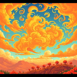An exceptionally beautiful and unusual landscape in a pixel art style, featuring an intricate and detailed sky that is rich in vibrant orange colors