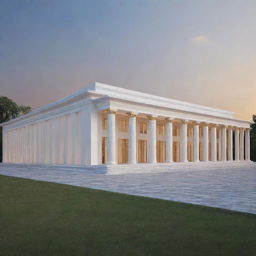 The exterior design of a modern 100ft x 200ft wedding hall with composite board design, reminiscent of a Roman temple yet constructed with modernized materials