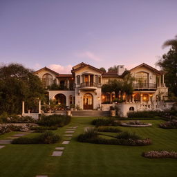 A beautiful, luxurious house at sunset with a lavish garden and elegant architecture