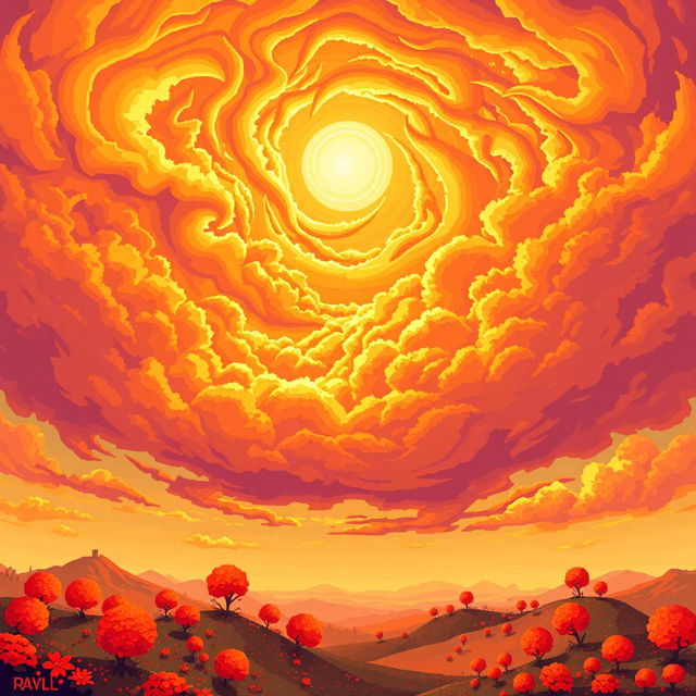 An exceptionally beautiful and unusual landscape in a pixel art style, featuring an intricate and detailed sky that is rich in vibrant orange colors